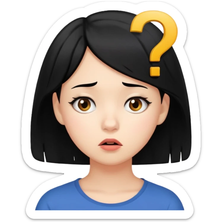 young women with black hair dont know from what to start. add question mark sticker