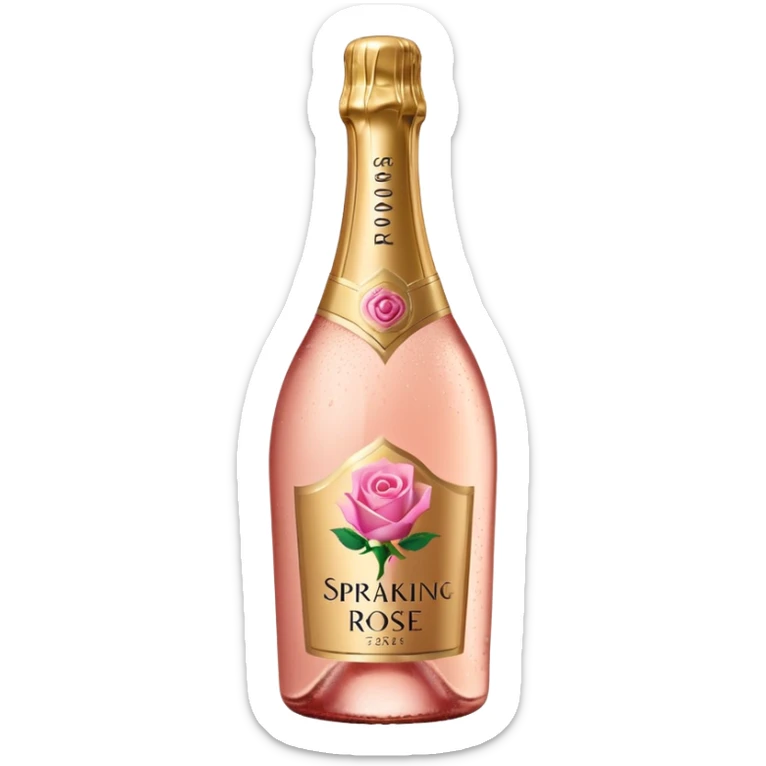bottle of sparkling rosé with a rose logo on the label, tilted up and to the left, no glass sticker