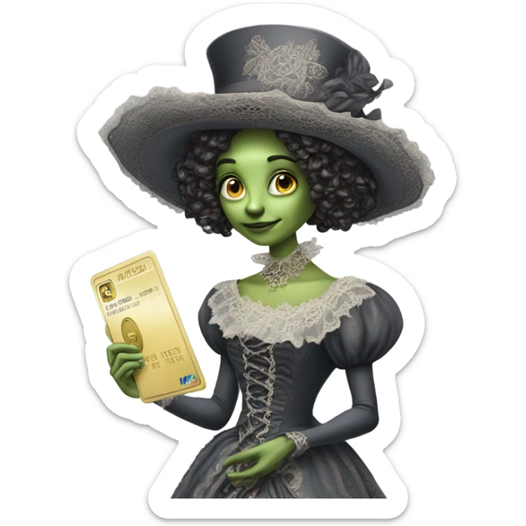 alien galora in Victorian dress elegant, full body, holding big credit card sticker