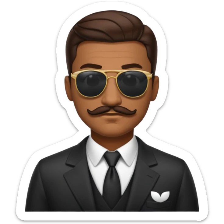 head of a confident man with brown slicked-back hair, thick mustache, sunglasses, mafia boss, apple emoji style sticker