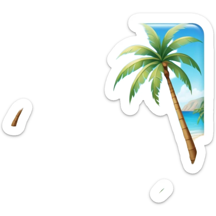 Cinematic Realistic Pristine Crystal-Clear Water Beach Emoji in a wooden frame, Sunny and radiant, with soft golden sand stretching endlessly, gently lapping waves of crystal-clear turquoise water washing onto the shore. The water is so transparent it reveals the shimmering seabed below, creating an idyllic, pristine setting. Above, the sky is a vivid blue, with a few gentle wisps of clouds. Palm trees sway gracefully in the warm breeze, their reflections mirrored in the water. Soft glowing outline, capturing the essence of a peaceful, serene beach paradise where every element gleams with natural beauty. sticker