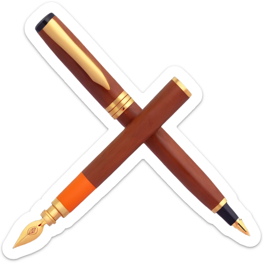 luxury 3D fountain pen, deep brown wood body, Hermès orange inlay, gold accents, no text sticker