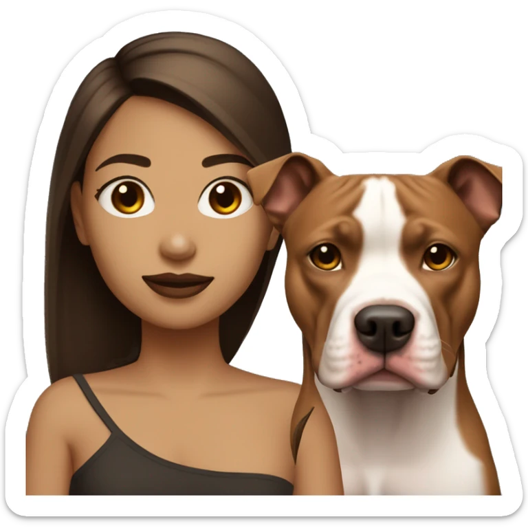 light skin girl with dark brown straight hair face next to red pitbull sticker