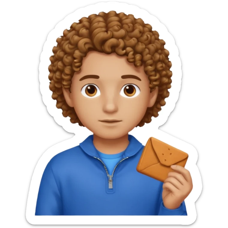 curly hair boy, bronzer skin, hair parted on the right side, brown eyes, blue clothes sticker