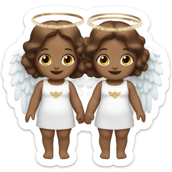 2 twin baby girls that are peach with brown hair with a halo and angel wings sticker