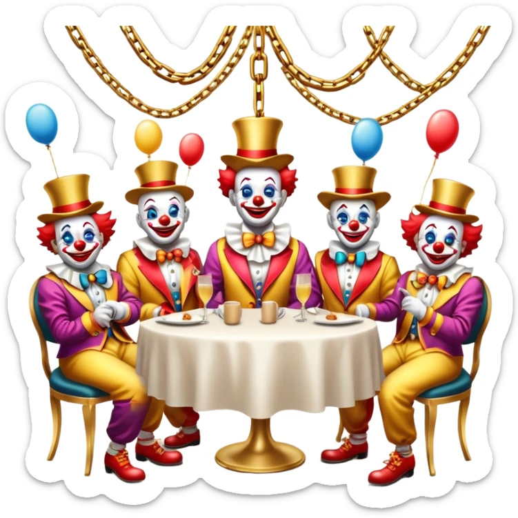 Vip restaurant full of clowns with golden chain on the neck. full height sticker