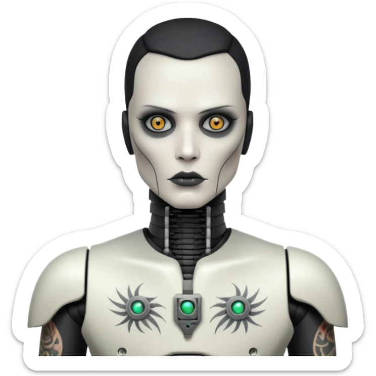 black metal Tatooed robot with rada, big many tatooes on chest, neck and face, white tatoo on face sticker