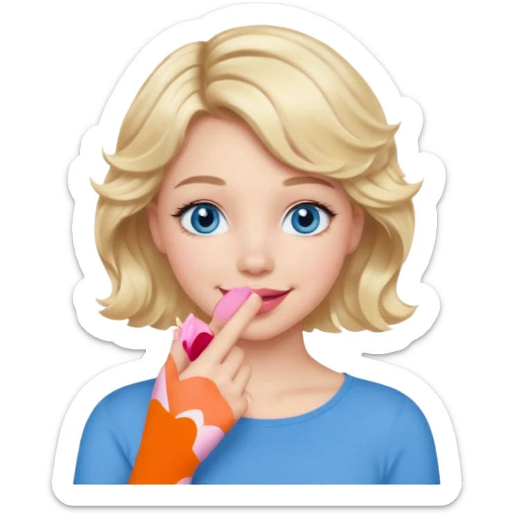 Girl Blonde short wavy hair,  blue eyes, cute blue top, long lashes, pink lips, smiling, hand covering the mouth sticker