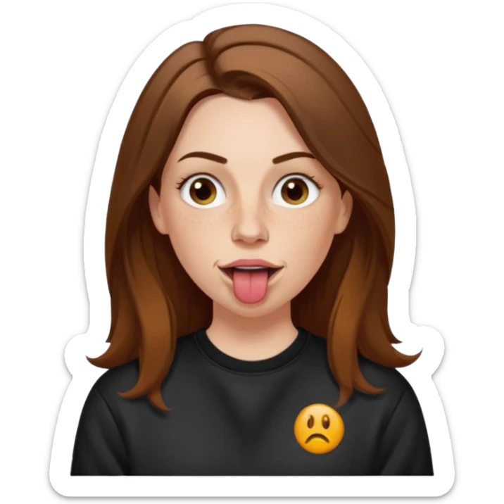 A 38 year old white woman with long brunette hair parted in the middle. She has her nose pierced. Her nose is medium sized. She has brown eyes. She has freckles and is wearing a black sweatshirt and is sticking out her tongue. sticker