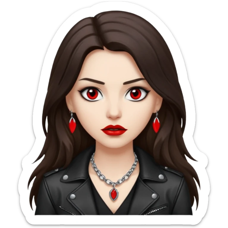brunette with very long hair in black cuir jacket with red lips and very dark brown eyes and white shirt and mysterious necklace without piercing with evil eyes sticker