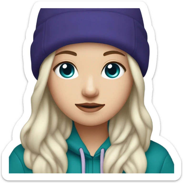White girl, blue eyes, long teal hair, purple beanie hat, black hoodie, blue jeans, black shoes sticker