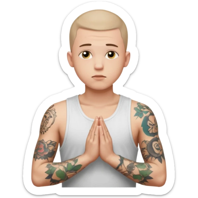 A 20 year old white man with a buzz cut and tattoos all over his arms and chest. Pleading face with hands praying wearing a white tanktop sticker