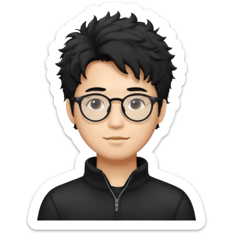 Make an Asian male with black fluffy messy hair wearing a black quarter zip and glasses sticker