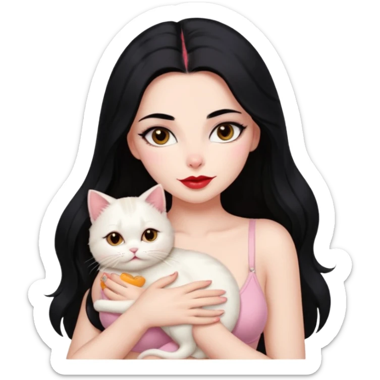 Beautiful Girl Long Hair black, Brows Big , Skin White, bra Pale Pink , Big Red Lips, EyesCoffe , Big hug Little baby Persa Cream Cat With Cute Eyes sticker