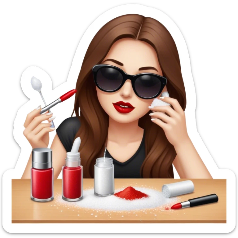 White woman with long brown hair and dark sunglasses sprinkling table salt on top of some lipsticks sticker