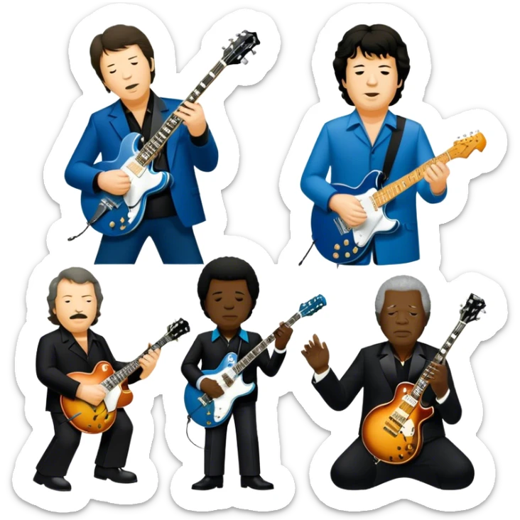 Icon for Blues Music: close-up collage of legendary blues artists. Gary Moore, Eric Clapton, B.B. King and Joe Cocker. Represented by silhouettes or symbolic items like guitars, microphones, or music notes, reflecting the soulful energy of blues music. Transparent background. sticker