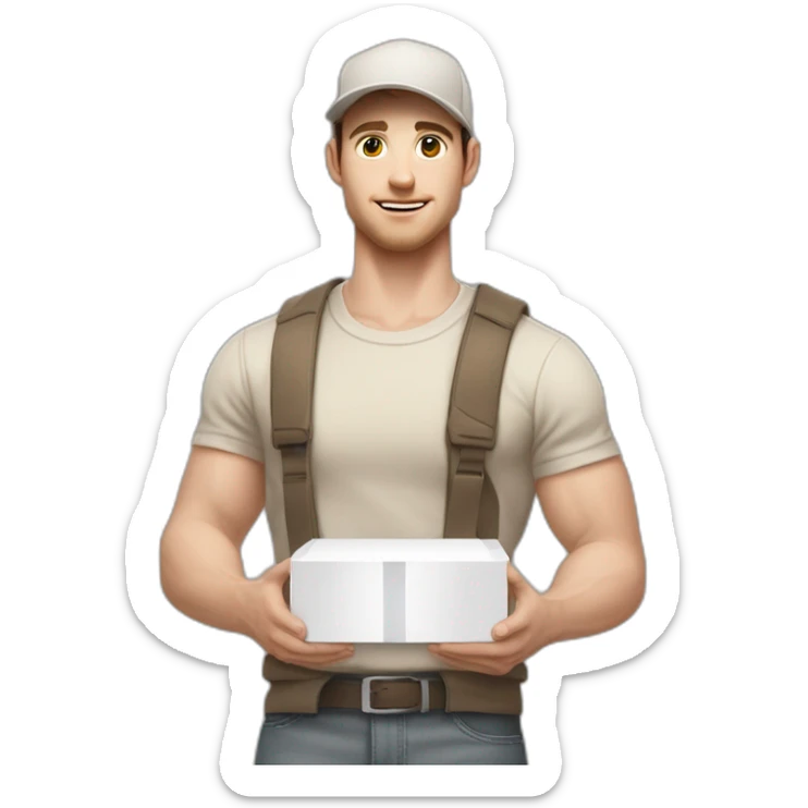 Pale skinned fit Man with dark brown hair in a beige cap, gray jeans, brown polo and white T-shirt keeping a pasted with tape white box into his hands sticker