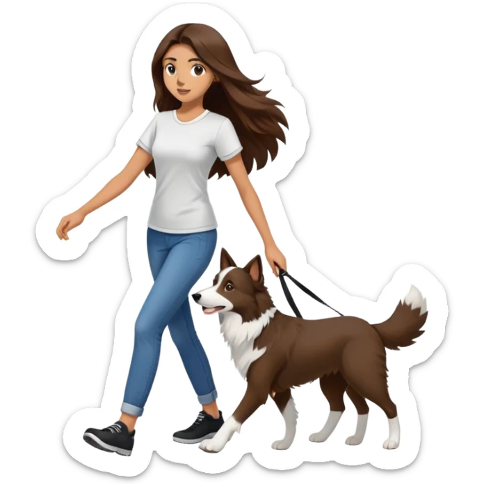 A beautiful girl with long brown hair and wearing a tight short-sleeved shirt is walking a black and white Border Collie sticker