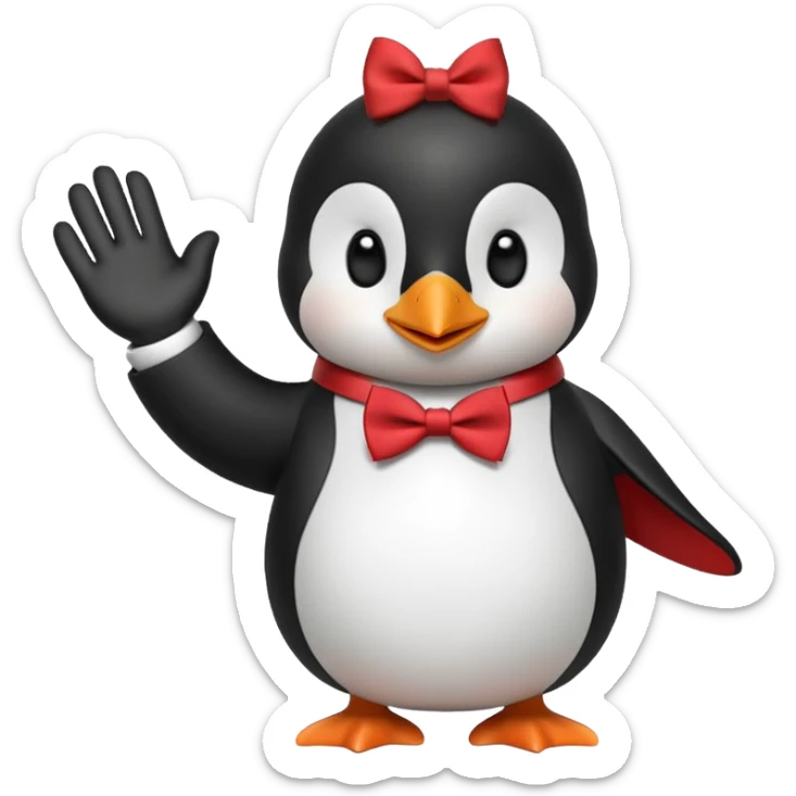 Un pinguino con una pajarita roja haciendo el gesto con la mano abierta de cumplir una promesa sticker
