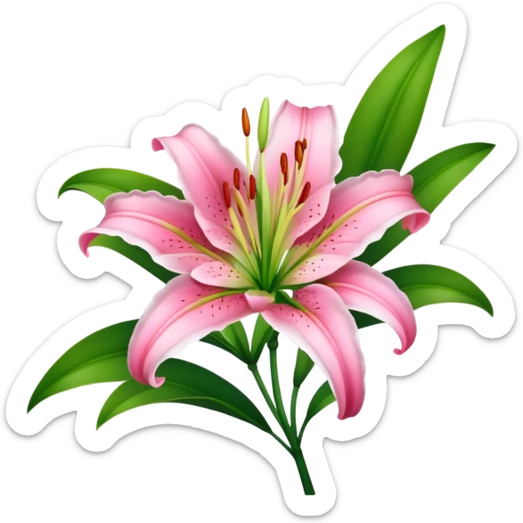 Beautiful pink lily flower with green stem and leaves sticker