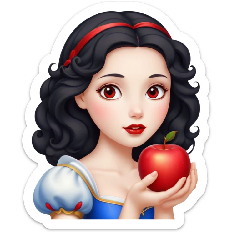 Cinematic Elegant Snow White Portrait Emoji, Delicately holding a red apple, eyes glimmering with mystery, soft curls perfectly placed, her royal presence glowing with a warm, enchanting charm! sticker