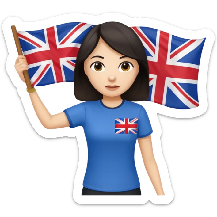 Woman teacher with dark hair in T-shirt with the UK flag surfing  sticker