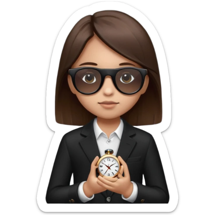 Un niño con pelo lacio color castaño,con lentes de sol negros y un reloj en la mano ,pero que el lente sea más oscuro  sticker