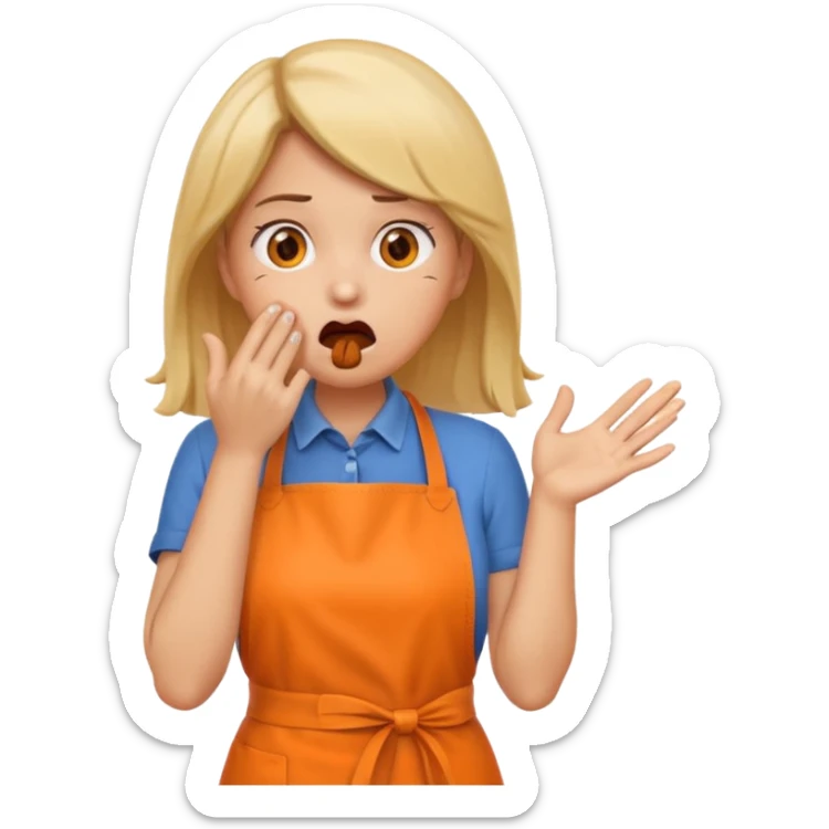 scared woman with her hands on her mouth, emoji style, more details, sideways pose, orange apron, different pose, different details sticker