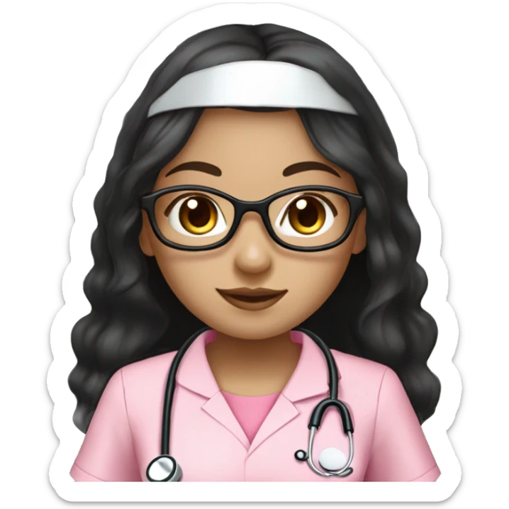 Pretty Aian girl (beige white skin tone and big eyes) with circle silver glasses, long black hair , wearing a pink nurse uniform (scrub) with a stethoscope sticker