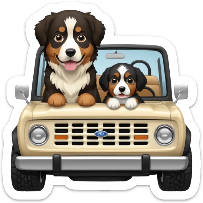 Cream colored ford bronco with no roof and an adult Bernese mountain dog in the seat sticker