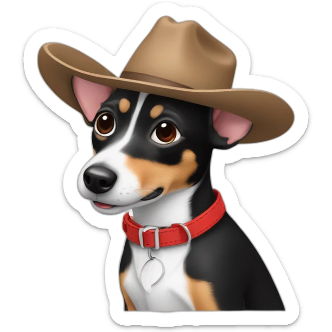 rat terrier wearing a cowboy hat and red collar smiling no brown (black and white) sticker