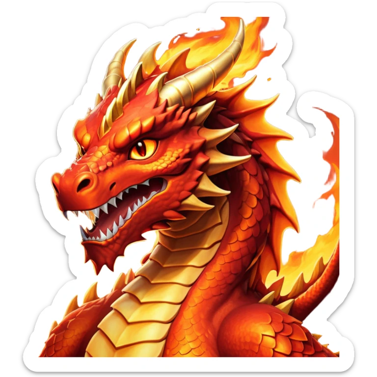 cinematic-noble-fierce-fire-dragon-portrait-emoji,-poised-and-imposing,-with-a-muscular,-scaled-body-ablaze-in-fiery-hues-of-crimson,-molten-orange,-and-molten-gold,-and-intense,-burning-eyes-that-mirror-the-heart-of-a-volcano;-rendered in detail sticker