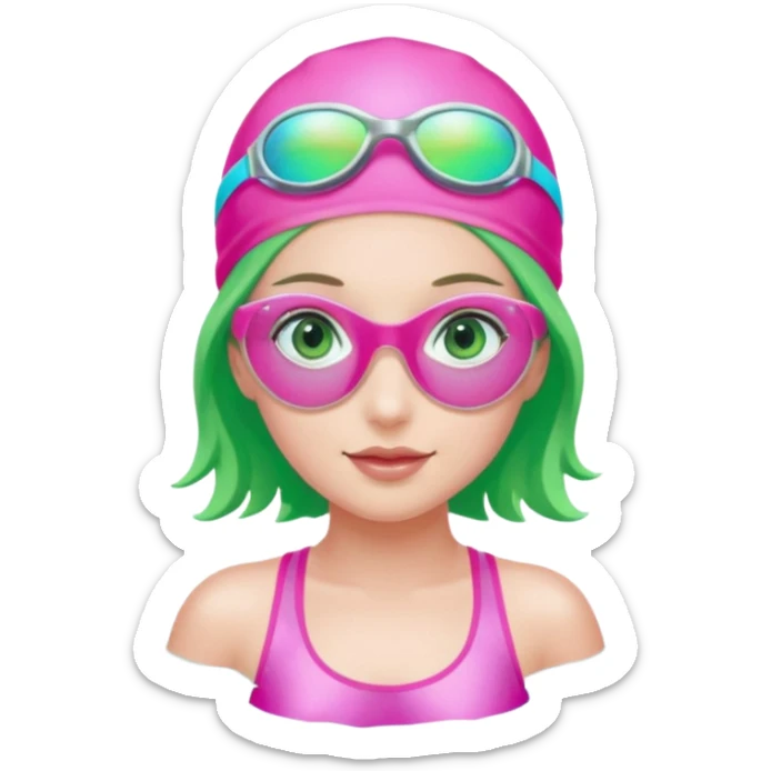 pretty girl with green eyes pink swim cap holographic swimming glasses and cute profesional swimmer pink swimsuit swimming sticker