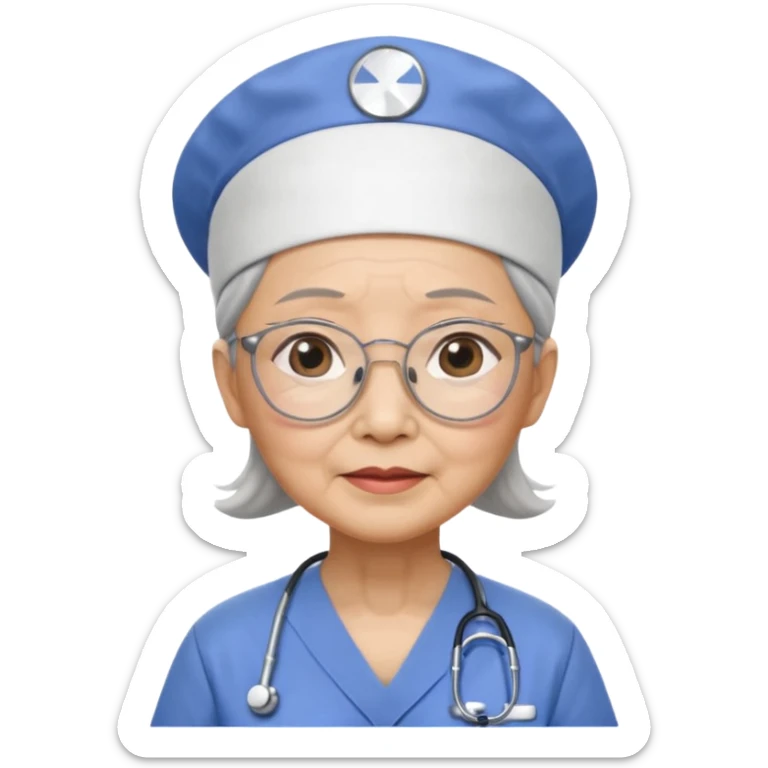 OLD ASIAN WOMAN WITH GLASSES, NURSE SCRUBS, CAP, NO HAIR SHOWING sticker
