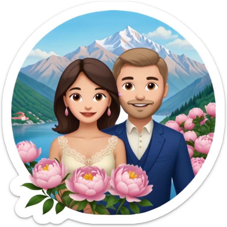 Couple traveling in Montenegro russian man and elegant  Latina girl delicate peonies and mountains in the background  sticker
