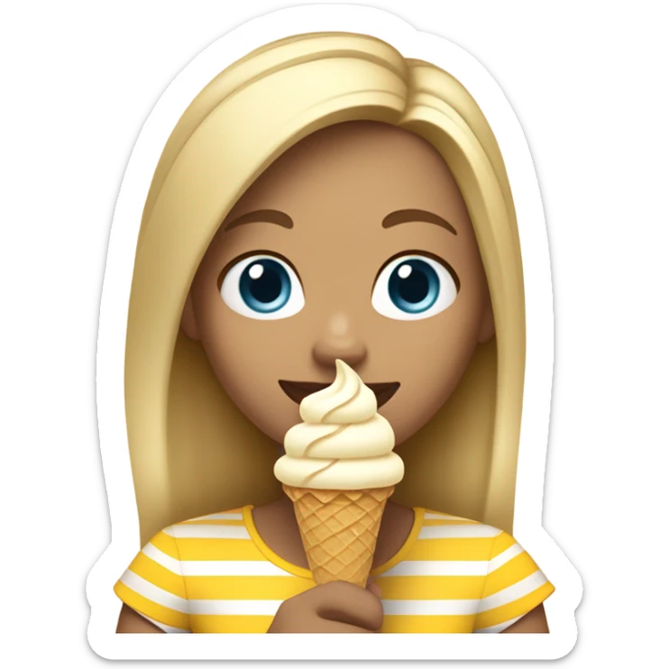 Girl with blonde hair, blue eyes, yellow striped shirt, holding vanilla ice cream cone sticker