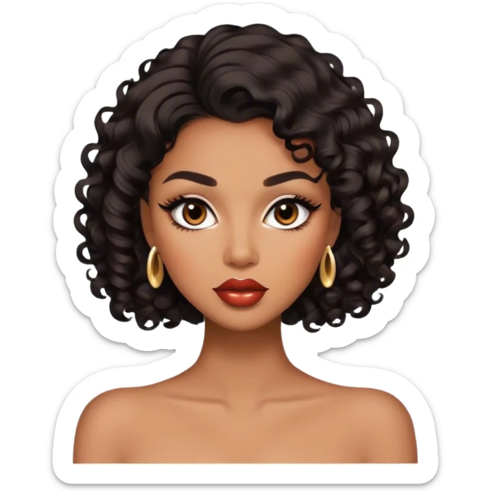 Glamourous, brown skin tone, very beautiful woman, with big plump lips, long long lashes, black curly smooth short hair, brown eyes sticker