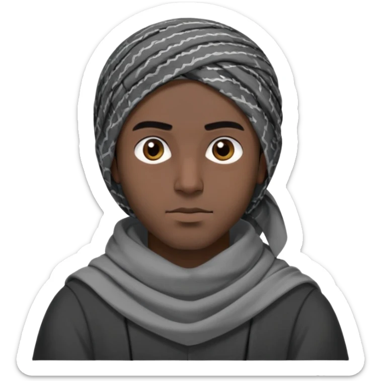người đàn ông 30 tuổi, da đen, tóc ngắn màu đen, đội khăn kaffiyeh trùm đầu màu xám, mặt ngầu, áo đen, nửa thân treen sticker