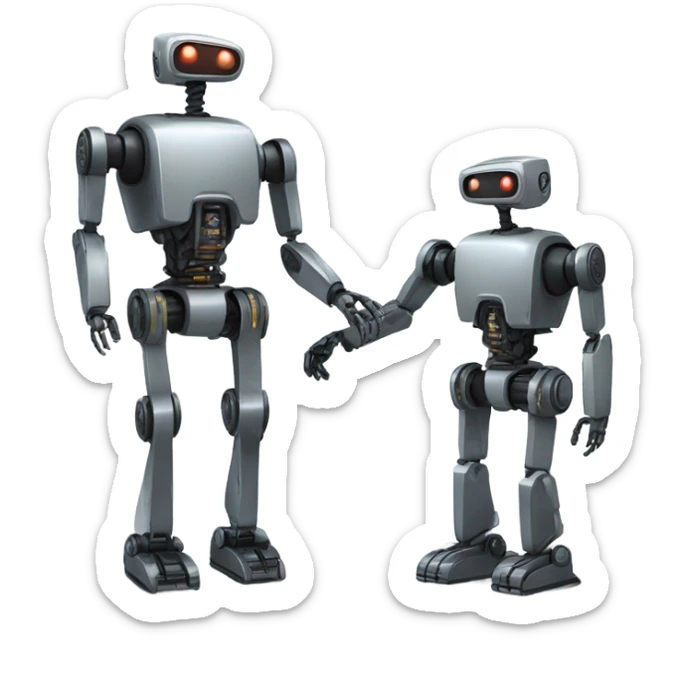 A pair of robots looming over a human figure, conveying a sense of technological dominance. sticker
