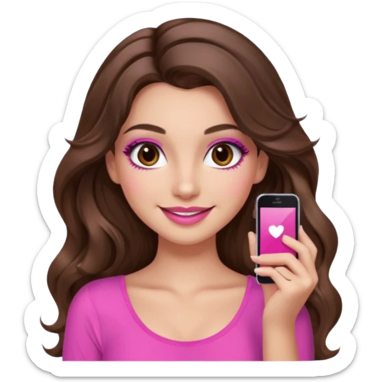 girl with long wavy brown hair, brown eyes, long lashes makeup, sexy pink lips, light to medium complexion, pink sexy top, smiling, hand by the cheek sticker