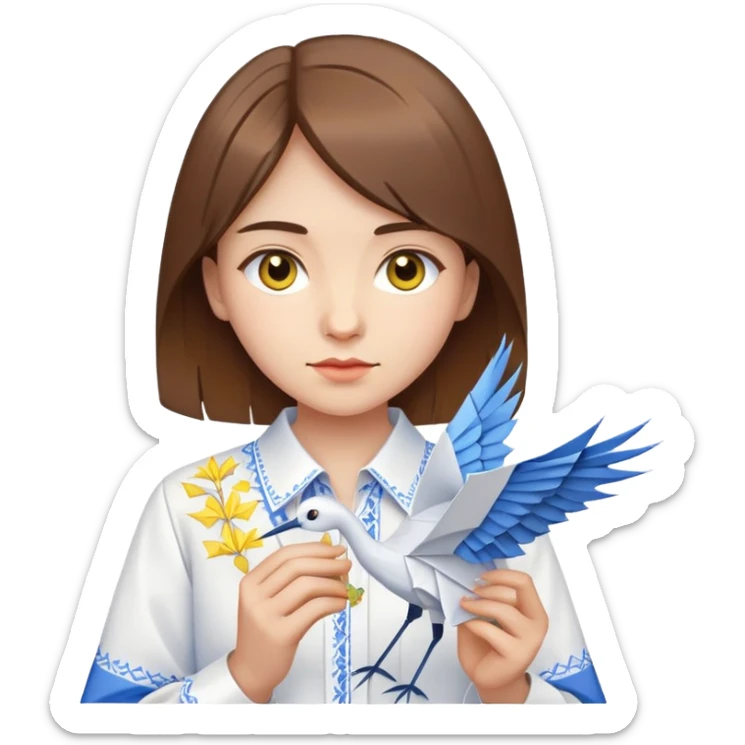Ukrainian young girl with brown hair wearing a white embroidered shirt holds an origami yellow-blue crane sticker