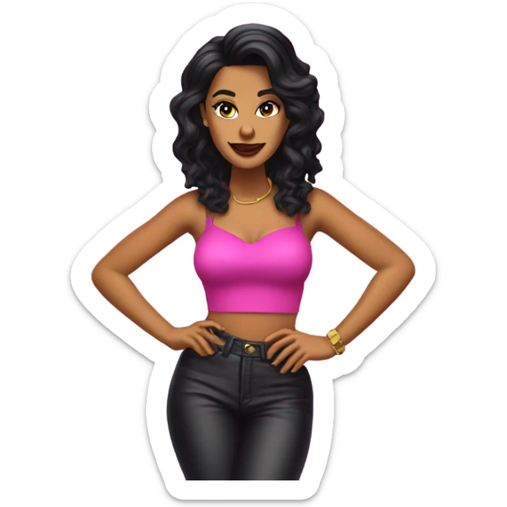 Tanned woman with black hair dressed in 1990s r&b hair, makeup, and neon attire  sticker