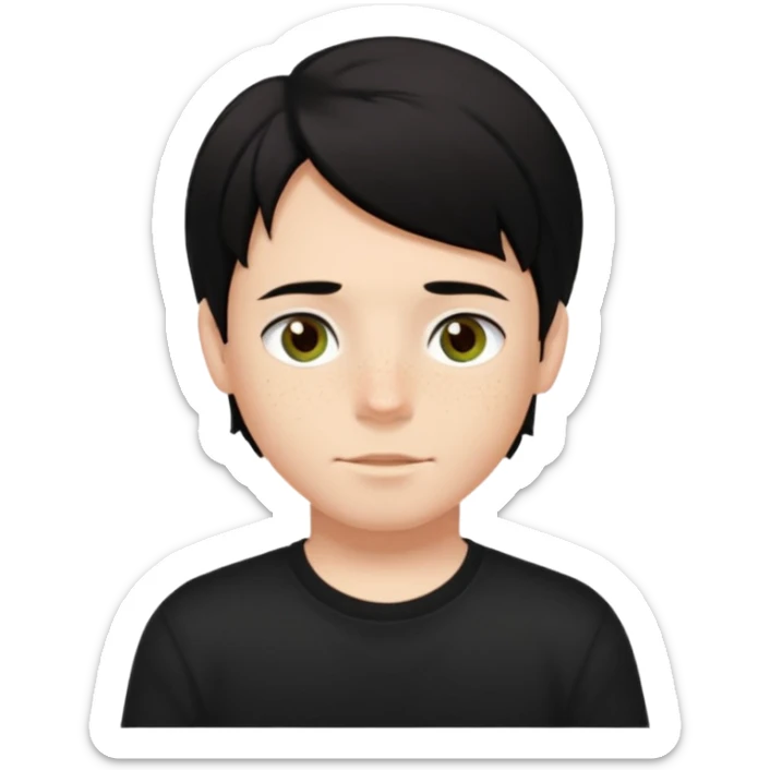 A boy with dark black hair and hazel green and brown eyes and white skin , with freckles and black t shirt with middle part hair hair with a center part haircut  sticker