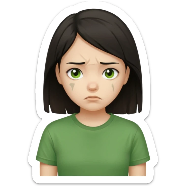 Young girl with straight, dark hair, damaged and unattractive, wearing a green T-shirt, looking sad sticker