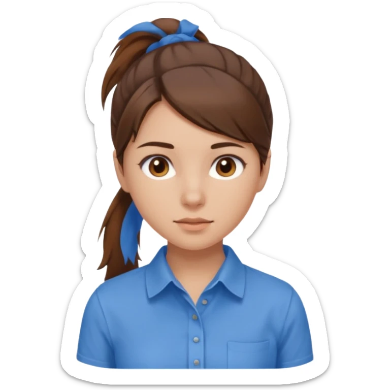 brown hair in a low pony tail with brown eyes girl blue shirt sticker