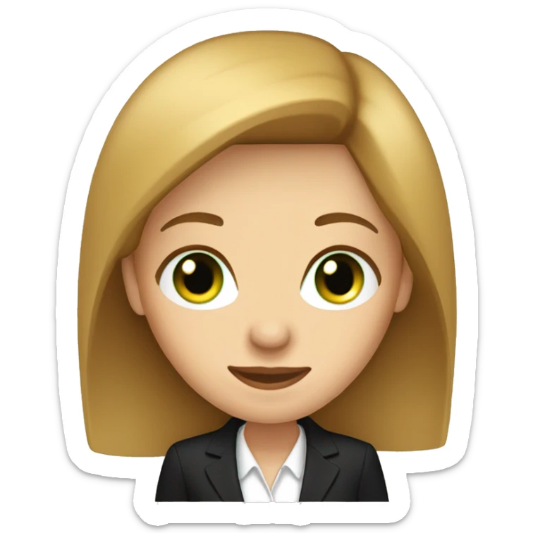 executive woman, long straight golden brown hair, green eyes, black suit sticker