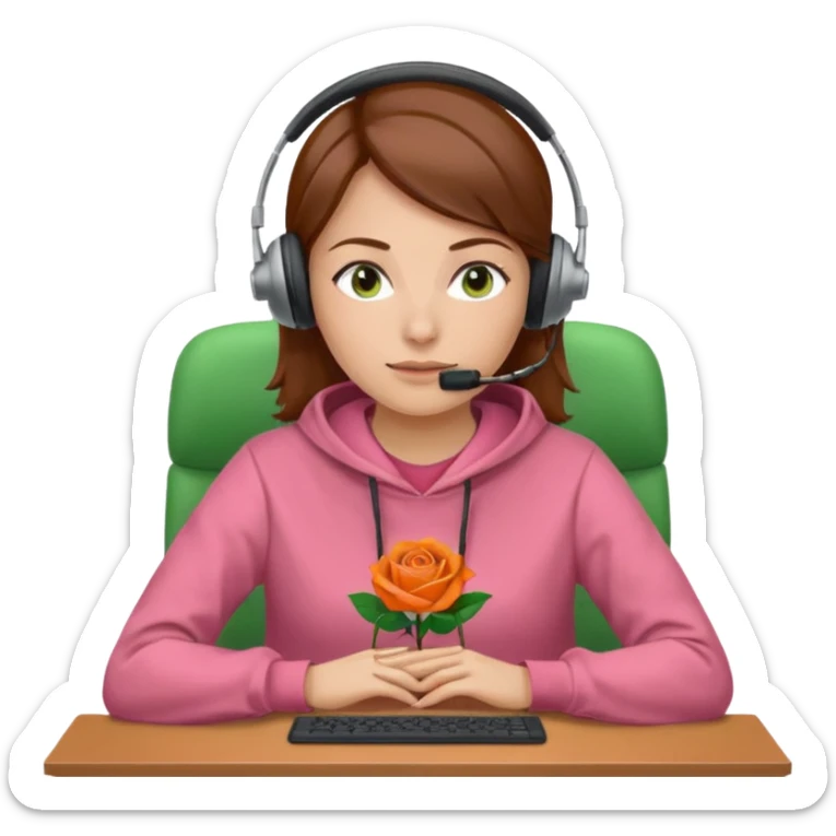woman, brown hair, middle european, wearing a headset and rose sweatshirt. sitting in the office. she is controling limits on screen: green = ok, orange = bald überschritten, re = limite überschritten sticker