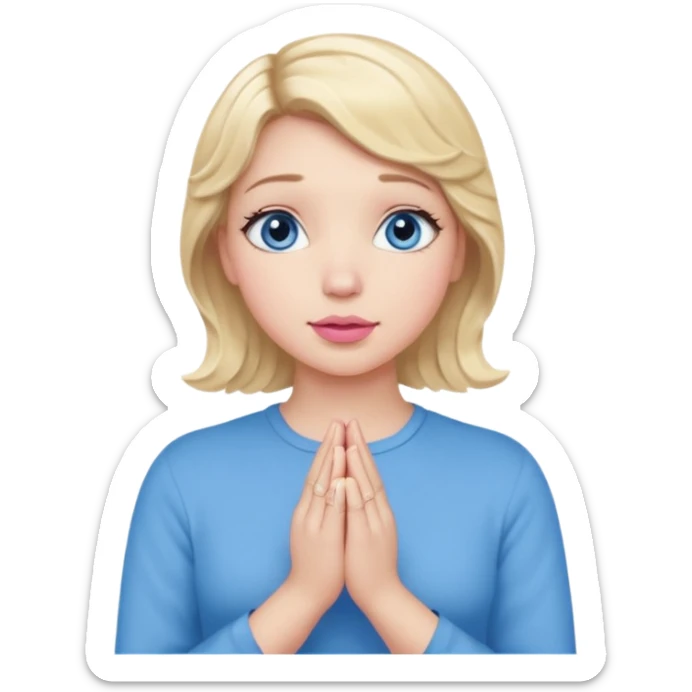 Girl Blonde short wavy hair,  blue eyes, cute blue top, long lashes, pink lips, praying hands sticker