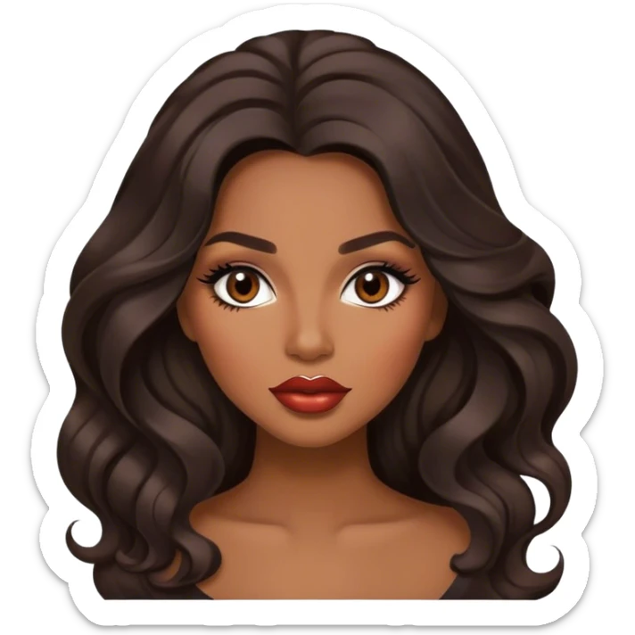 Glamourous, brown skin tone, very beautiful woman, with big plump lips, long long lashes, black wavy long hair, brown eyes sticker