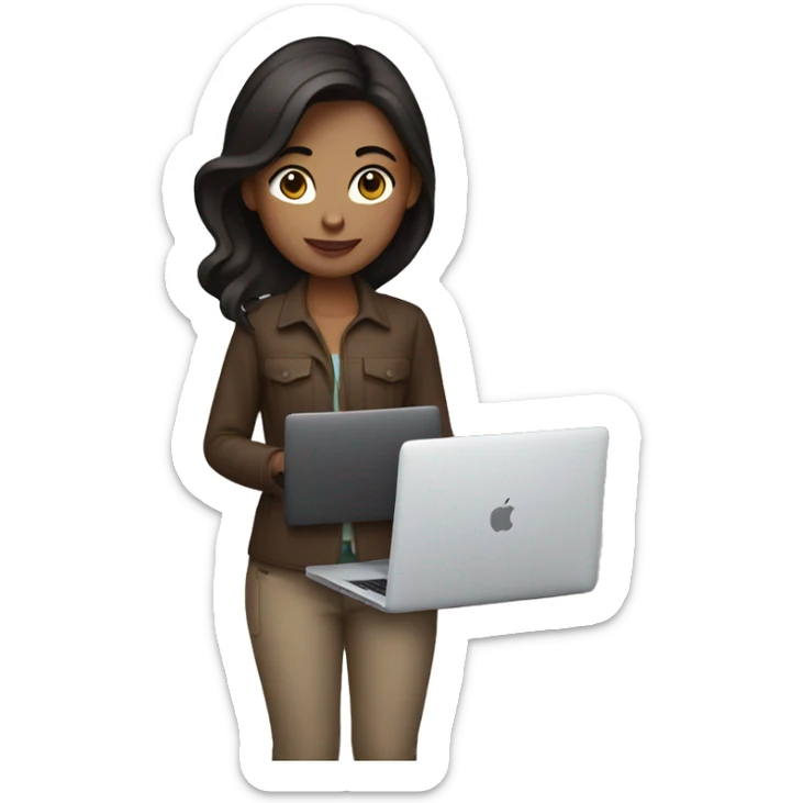 A photographer girl with dark brown hair holds a MacBook in her hand sticker